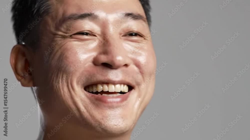 Face, funny and Asian man with beauty, skincare and dermatology on a grey studio background. Portrait, Japanese person and model with wellness, laughing and cosmetics with aesthetic, shine and glow Face, funny and Asian man with beauty, skincare and dermatology on a grey studio background. Portrait, Japanese person and model with wellness, laughing and cosmetics with aesthetic, shine and glow