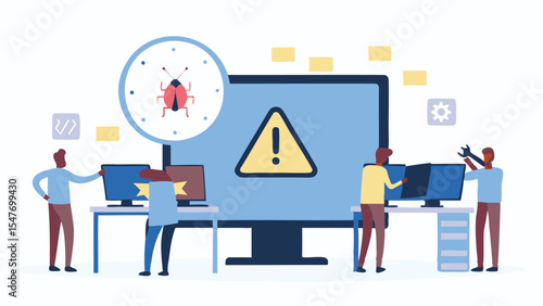Illustration of developers working on debugging with a bug icon and warning sign on a computer screen
