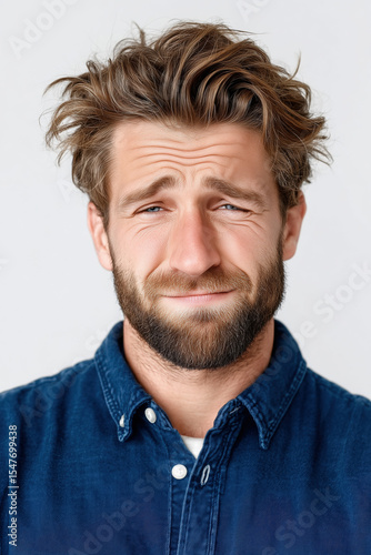 White Caucasian Adult Man Uncomfortable Nervous Awkward Forced Smile Expression Portrait Studio White Background