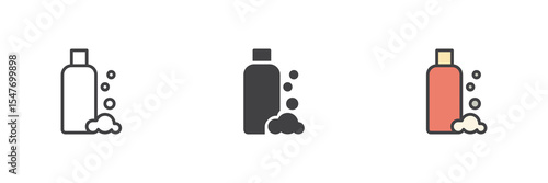 Shampoo bottle icon set in line, solid and filled outline style