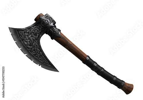 Ornate battle axe with patterned blade and leatherwrapped handle presented against a black backdrop