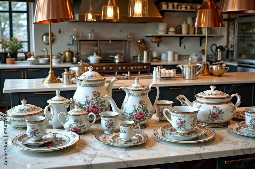 Fototapeta premium Elegant floral porcelain tea set in modern kitchen with copper accents