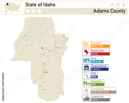 Detailed infographic and map of Adams County in Idaho USA.
