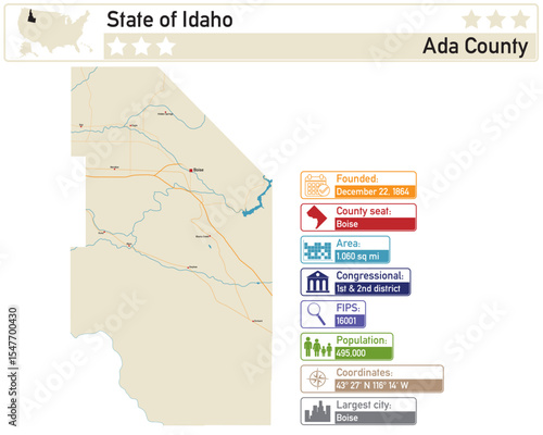 Detailed infographic and map of Ada County in Idaho USA.