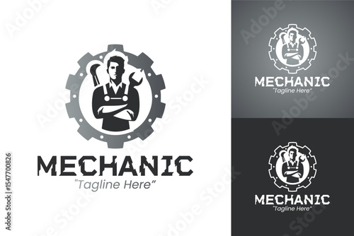 Mechanic Logo Design for Automotive Workshop with Tools and Gear