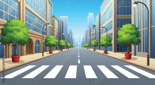 A Vector Urban Street Scene with Modern Buildings, Crosswalk, and Trees in Cityscape Background 