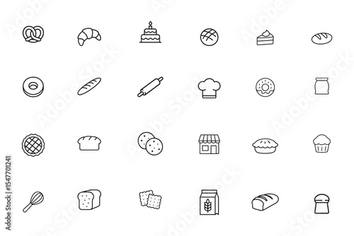 Bakery and baking line icon set, simple outline pastry, bread, and dessert symbols for food menu and website