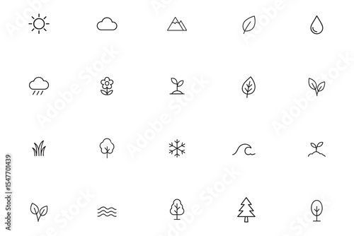 Nature line icon set, weather, plants, and environment outline symbols, vector collection