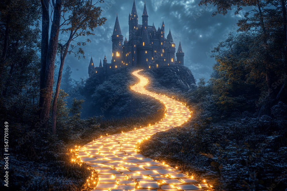 Fototapeta premium Majestic castle illuminated by glowing pathway at night under a starry sky