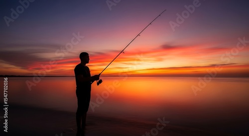 Silhouette of a Fisherman at Sunset Peaceful Fishing Scene