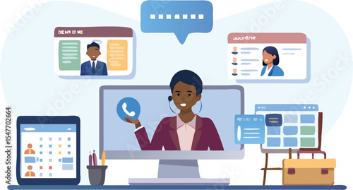 Online meeting with diverse participants displayed on various digital interfaces and communication tools used