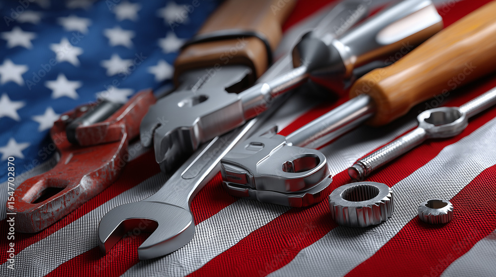 Fototapeta premium Happy Labor Day Celebration with Tools and American Flag - 3D Illustration for Holiday Poster or Banner