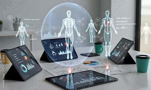 Futuristic health analytics meeting with holographic displays and data visualization in a modern office