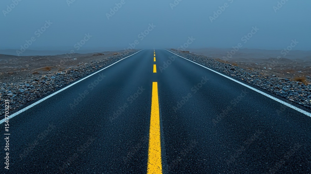 Fototapeta premium Asphalt road with yellow lines disappearing into a misty landscape Gravel shoulders line the roadway