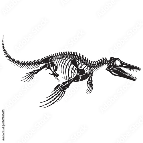 Prehistoric seas remembered – Mosasaur skeleton silhouette and detailed Mosasaur skeleton vector – Mosasaur skeleton illustration

