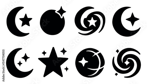 Moon and star silhouette icon set. celestial, cosmic symbols in simple silhouette style