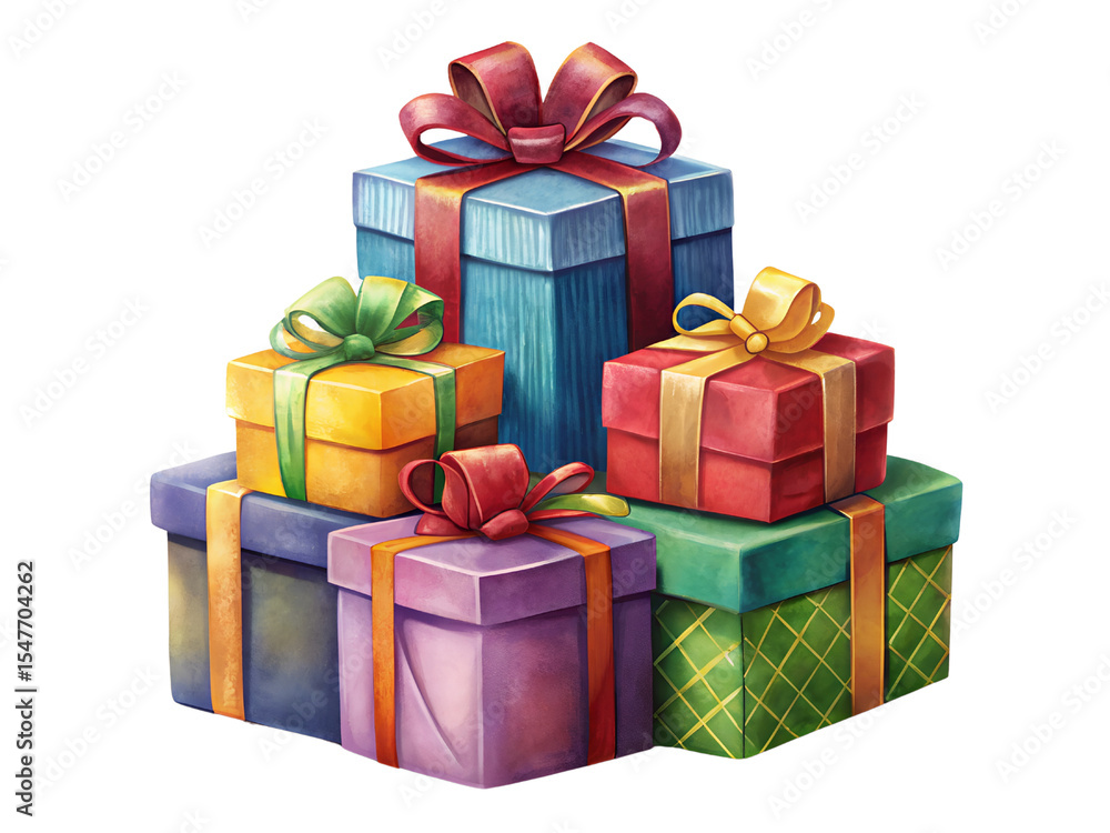 Fototapeta premium Colorful Stack of Wrapped Gifts with Ribbons and Bows