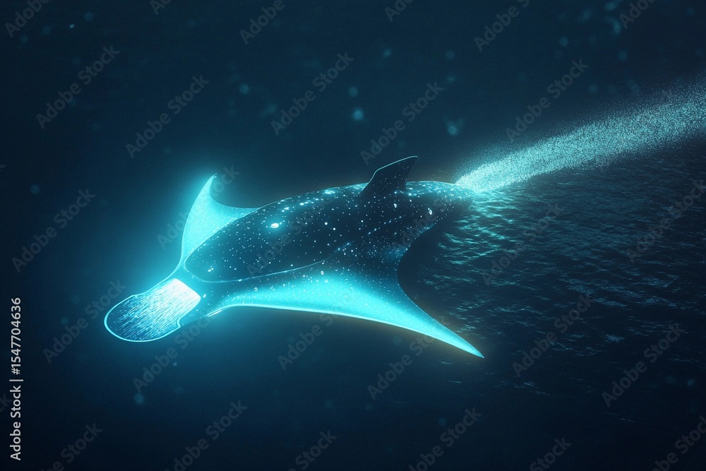 Naklejka premium Glowing stingray-shaped submarine purifying the ocean floor while exploring deep marine environments