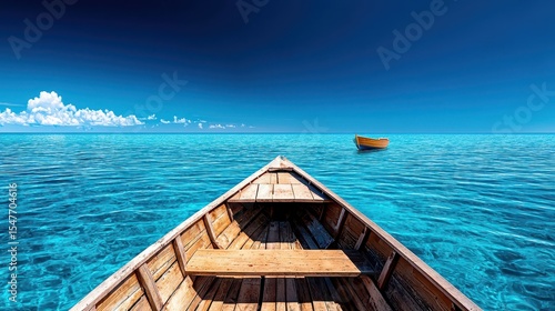 Wooden rowboat on turquoise ocean water under a vibrant blue sky distant small boat visible