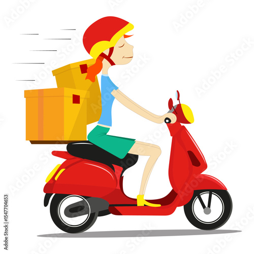 Cartoon of delivery man in red helmet riding red scooter carrying orange package depicted in motion on white background.