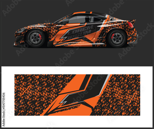 Sport Car Wrap Design with Orange and Black Geometric Pattern Illustration