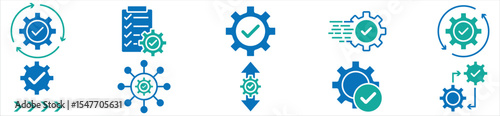 Gear and Process Management Icons – Quality Control and System Optimization Symbols