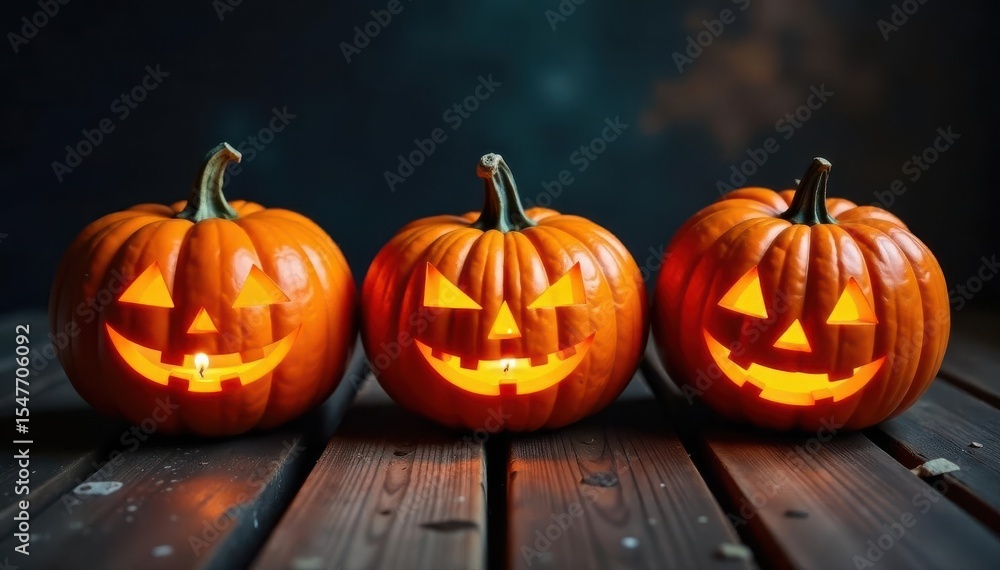 Three carved pumpkins with flickering candlelight on weathered wood surface , surface, shadow Three carved pumpkins with flickering candlelight on weathered wood surface , surface, shadow