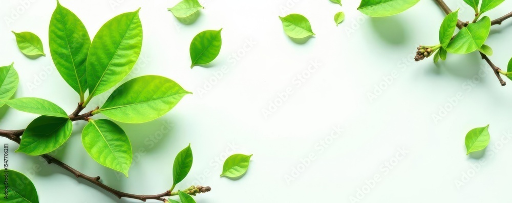 Obraz premium Vibrant green magnolia leaves and twigs arranged on white , backdrop, nature photography