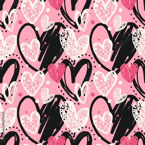 Modern grunge heart pattern. Funky marker drawn hearts seamless pattern. Playful romantic hearts pattern on pink backgound for fabrics, textile, wrapping paper, packaging