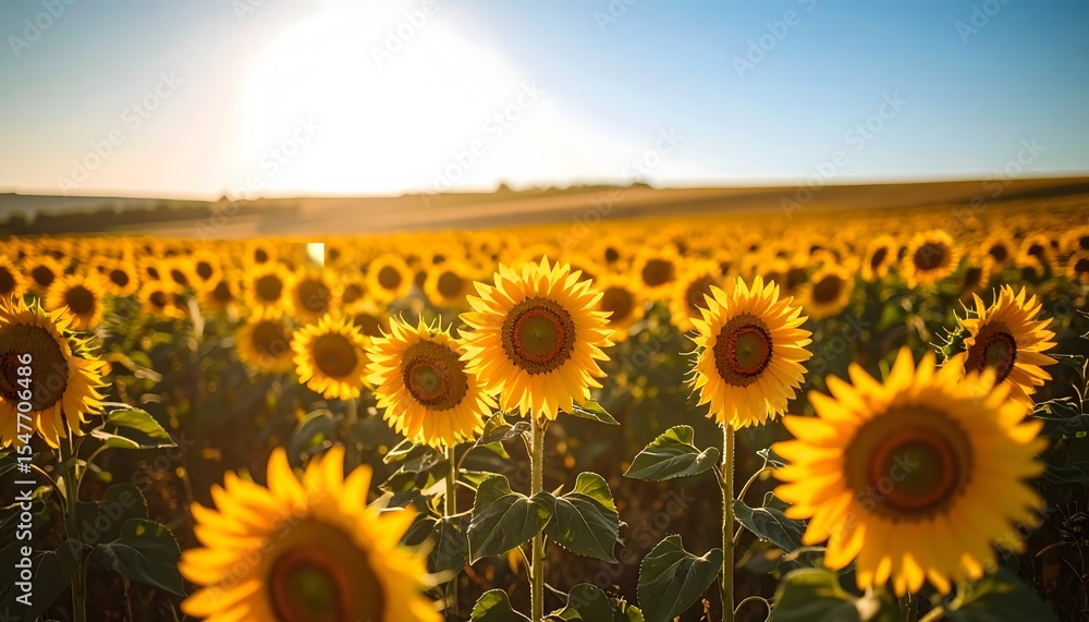 Obraz premium Golden Sunflower Field Bathed in Warm Sunlight Under a Clear Blue Sky