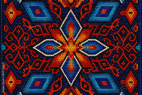 Vibrant abstract Huichol beadwork design features intricate patterns in bright orange, blue, and white, resembling a traditional textile or beadwork, creating a lively and dynamic visual experience