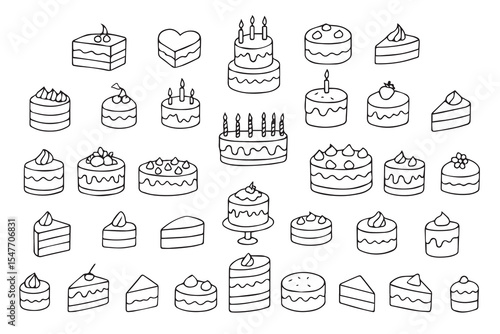 Large set of hand drawn cakes, cupcakes. Black and white illustration in Doodle style. Designs for International Cake Day and Birthday. Vector 