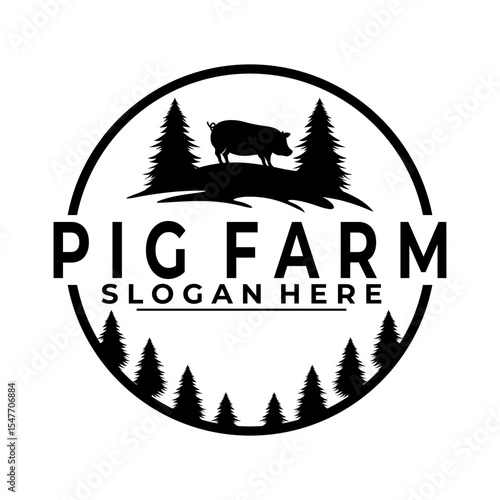 Pig Farm logo design vector. Circle label Pig farm logo design