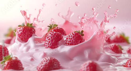Fresh strawberries splashing into pink yogurt creating a delicious dessert food photography showcasing healthy eating and refreshing summer treats perfect for illustrating dairy products