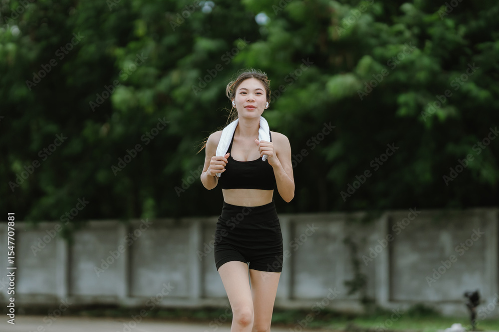 A fit and focused woman jogs outdoors in a serene green park, wearing activewear and earphones, embracing a healthy lifestyle, motivation, and self-care through exercise. A fit and focused woman jogs outdoors in a serene green park, wearing activewear and earphones, embracing a healthy lifestyle, motivation, and self-care through exercise.