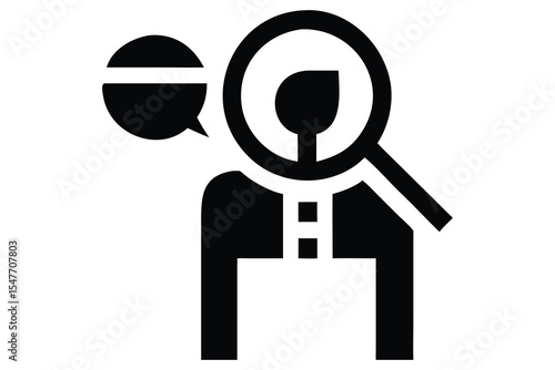 A stylized person with magnifying glass examines fragmented data.