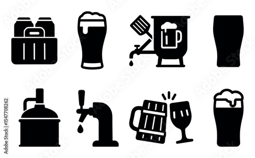 Beer brewing solid icon set. craft, production, brewing, alcohol solid collection