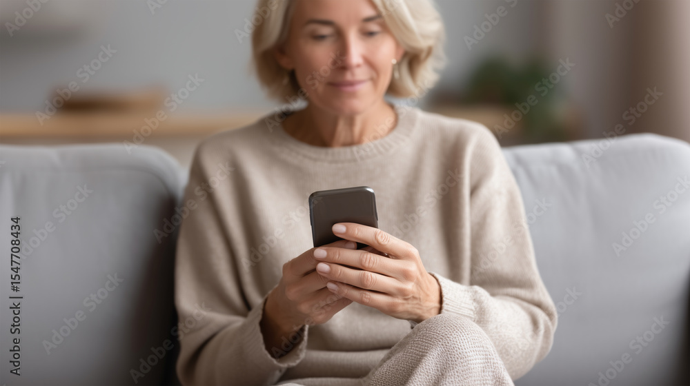 Happy senior woman using smartphone while relaxing on cozy sofa at home Happy senior woman using smartphone while relaxing on cozy sofa at home