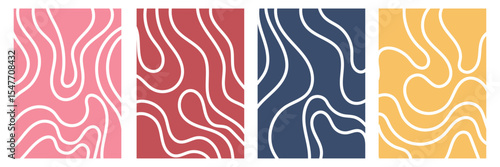 Organic fluid doodle curved wiggling lines, stripes, waves vector backgrounds set. Liquid, funky chaotic ornaments, groovy hippie patterns collection. Uneven hand drawn wavy, winding twisted lines .