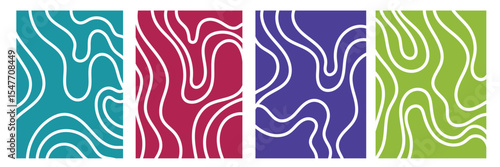Organic fluid doodle curved wiggling lines, stripes, waves vector backgrounds set. Liquid, funky chaotic ornaments, groovy hippie patterns collection. Uneven hand drawn wavy, winding twisted lines .