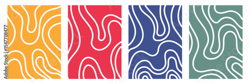 Organic fluid doodle curved wiggling lines, stripes, waves vector backgrounds set. Liquid, funky chaotic ornaments, groovy hippie patterns collection. Uneven hand drawn wavy, winding twisted lines .