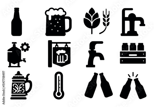 Beer brewing silhouette icon set. craft, brewery, fermentation symbols collection.