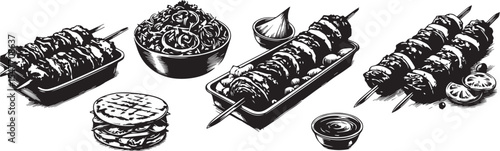 Barbeque street food collection in brush stroke texture isolated on white background. Hand drawn vector sketch illustration in vintage charcoal ink style. Shawarma, doner kebab, pita, meat on skewer