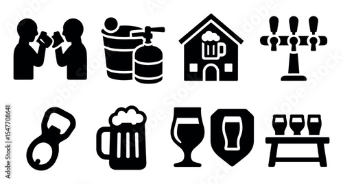 Beer tasting silhouette icon set. brewery, craft beer, glasses, bar tools, solid icons