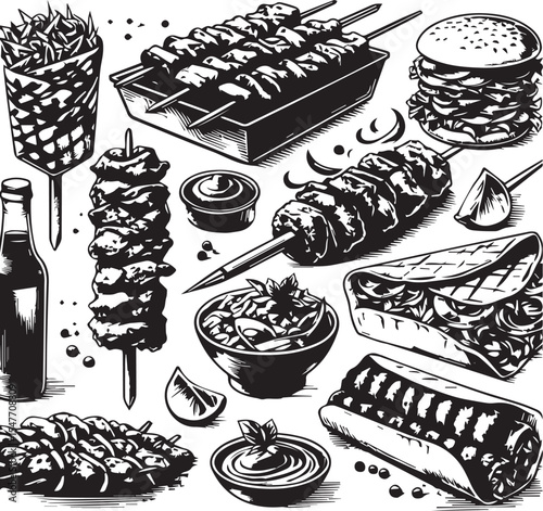 Barbeque street food collection in brush stroke texture isolated on white background. Hand drawn vector sketch illustration in vintage charcoal ink style. Shawarma, doner kebab, pita, meat on skewer