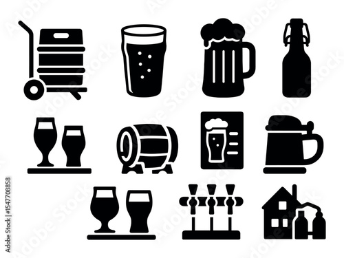 Craft beer solid icon set. brewery, bar, glasses, and more solid icons collection