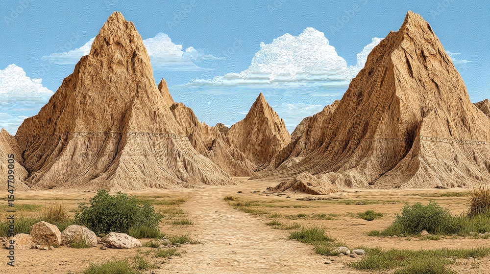 Fototapeta premium Tan Rock Formation Dominate Desert Landscape Under Bright Sky with Scattered Clouds and Sparse Vegetation