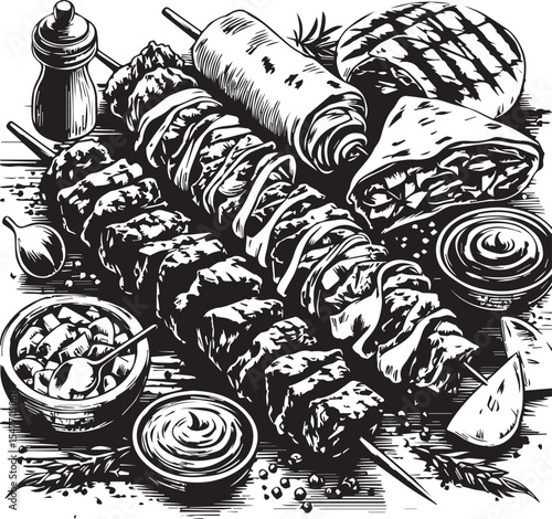 Barbeque street food collection in brush stroke texture isolated on white background. Hand drawn vector sketch illustration in vintage charcoal ink style. Shawarma, doner kebab, pita, meat on skewer
