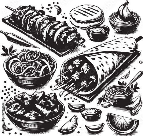 Barbeque street food collection in brush stroke texture isolated on white background. Hand drawn vector sketch illustration in vintage charcoal ink style. Shawarma, doner kebab, pita, meat on skewer