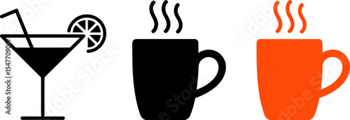 Vector icons of cocktail drink and coffee mugs for bar cafe or restaurant menu design and decoration editable stock vector